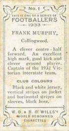 1933 Wills's Victorian Footballers (Small) #1 Frank Murphy Back
